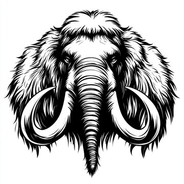 recommend clip art: Detailed, front facing black and white woolly mammoth illustration.