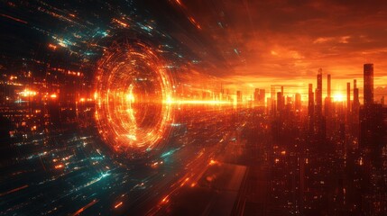 Obraz premium Futuristic city, fiery sunset, digital portal.