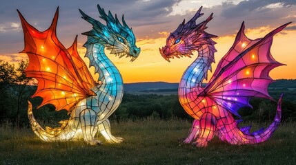 Two illuminated dragon lanterns at sunset.