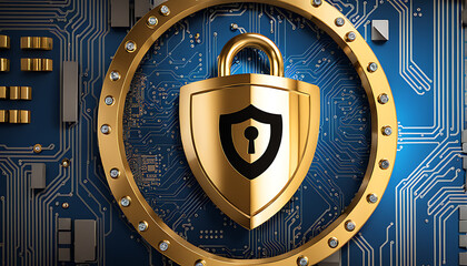 cybersecurity shield with lock and tech circuits