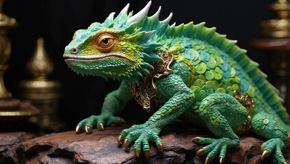 Obraz premium An Artistic Representation of a Chameleon character; art; vibrant; color; imagination; visual impact; depth; fantasy art; creature design Green Dragon in a Magical Realm