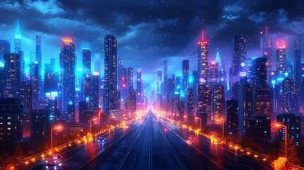 Fototapeta premium Futuristic city skyline at night, rain, glowing buildings, highway.