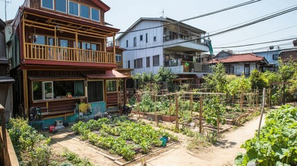 Obraz premium Urban community garden thriving amidst residential houses.
