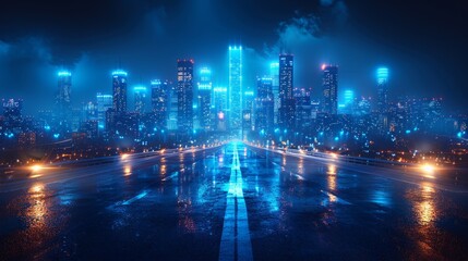 Futuristic city skyline at night, viewed from a wet road.