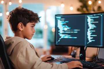 A young boy deeply engaged in coding on a desktop in a serene home office setup, spotlighting focus, learning, and youthful curiosity in modern technology.