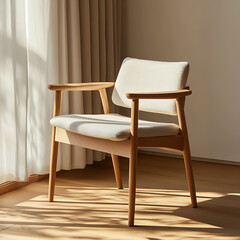 Elegant Wooden Armchair with Upholstered Seat Basking in Sunlight by Window