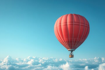 Fototapeta premium Red hot air balloon floats above clouds.