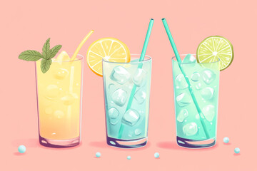 Refreshing lemonade drinks with ice and vibrant colors