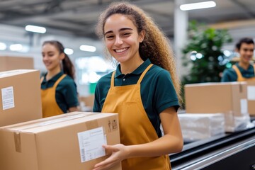 A cheerful warehouse worker in uniform holds a cardboard box, with coworkers in the background, representing teamwork and efficiency in a logistic environment.