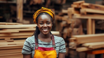 A carpenter at a workshop. An African female carpenter smiles at the camera while being at her carpentry studio, surrounded by her woodwork and wooden materials in the background.