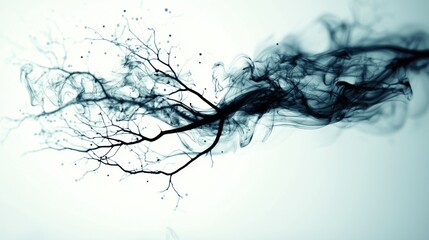 A dark artistic background featuring soft steam rising in the intricate shape of tree branches, blending abstract and natural elements