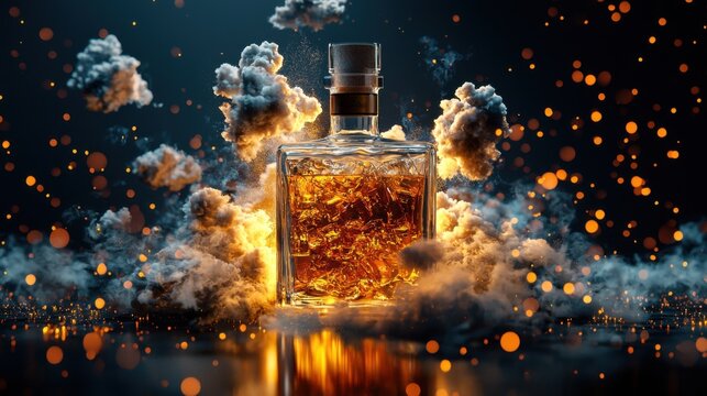 Enigmatic Elixir: Captivating Liquor Bottle with Mystical Clouds in the Spotlight