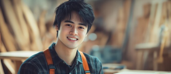 A carpenter at a workshop. A young Asian capenter smiles at the camera while being at his carpentry studio, surrounded by his woodwork and wooden materials in the background.