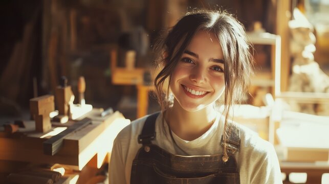 A carpenter at a workshop. A young female capenter smiles at the camera while being at her carpentry studio, surrounded by her woodwork and wooden materials in the background.