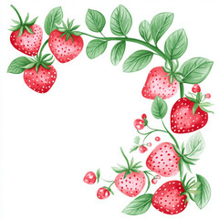 Fresh strawberries and vibrant green leaves create delightful corner design