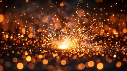 Obraz premium Glowing sparks and bokeh lights create an abstract, fiery explosion effect on a dark background.