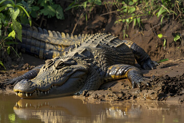 Obraz premium Wild Crocodile Sunbathing on Riverbank, Displaying Majestic and Predatory Features in Natural Habitat