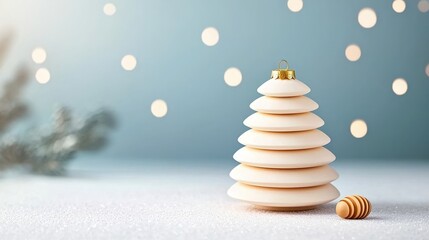 A minimalist Christmas tree made of layered white discs, set against a soft blue background with falling snowflakes, creating a serene holiday ambiance.