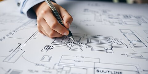 architect working on project. An architect's hand meticulously draws a building plan with a pen, capturing the essence of architectural planning and design, emphasizing precision and creativity