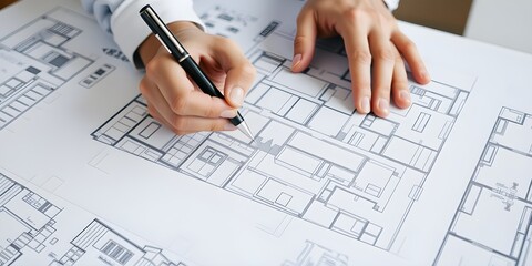 architect working on project. An architect's hand meticulously draws a building plan with a pen, capturing the essence of architectural planning and design, emphasizing precision and creativity