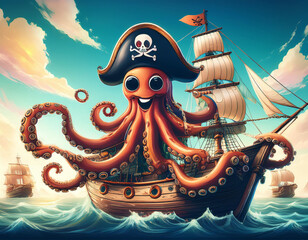 Naklejka premium Pirate ship with a cheerful octopus