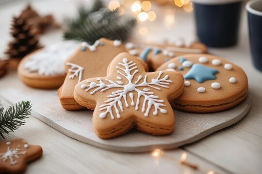 Gingerbread cookies adorned with elegant icing designs rest on a wooden serving board, embodying the spirit of festive celebrations and culinary tradition.