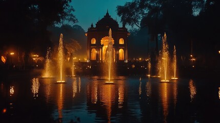 Enchanting Evening Scene of a Historic Pavilion Surrounded by Illuminated Fountains Reflecting in Calm Waters at Dusk