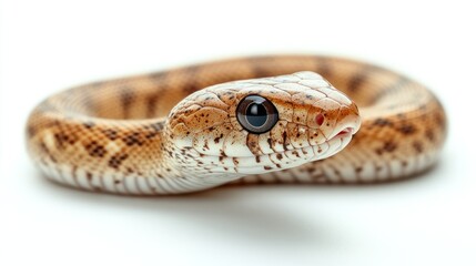 Fototapeta premium Close-up of a small, light brown snake with dark spots, coiled on a white background.