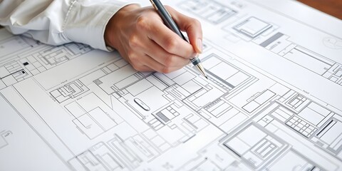 architect working on project. An architect's hand meticulously draws a building plan with a pen, capturing the essence of architectural planning and design, emphasizing precision and creativity