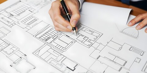 architect working on project. An architect's hand meticulously draws a building plan with a pen, capturing the essence of architectural planning and design, emphasizing precision and creativity
