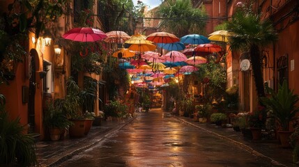 Naklejka premium Colorful Umbrellas Hanging Over a Charming Cobblestone Street in a Vibrant European Village Surrounded by Lush Greenery and Charming Flower Pots
