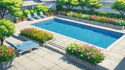 Swimming pool on the terrace of the house with a flower garden, manga
