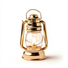 A vintage gold lantern illuminated against a white background, symbolizing warmth and nostalgia, perfect for home decor and ambiance enhancement.