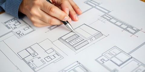 architect working on project. An architect's hand meticulously draws a building plan with a pen, capturing the essence of architectural planning and design, emphasizing precision and creativity