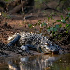Obraz premium Wild Crocodile Sunbathing on Riverbank, Displaying Majestic and Predatory Features in Natural Habitat