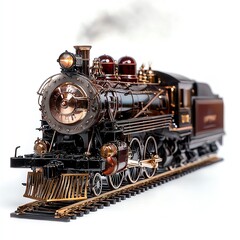 Fototapeta premium A detailed vintage steam locomotive model, showcasing intricate craftsmanship and design, placed on tracks with a white isolated background.