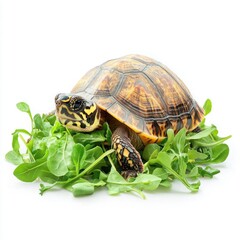 Obraz premium A Colorful Turtle Nestled Among Fresh Green Salad Greens, Highlighting Nature's Beauty and Animal Harmony in a Vibrant Studio Setting