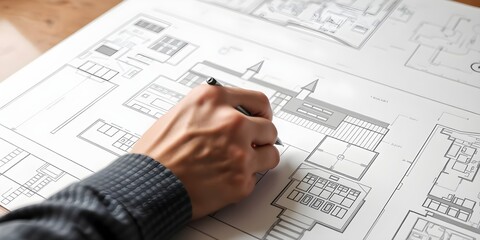 architect working on project. An architect's hand meticulously draws a building plan with a pen, capturing the essence of architectural planning and design, emphasizing precision and creativity