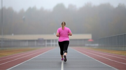 Obraz premium Woman Jogging on a Track in Foggy Weather While Focusing on Fitness and Health, Demonstrating Perseverance and Dedication to Personal Well-Being