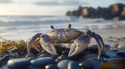 Close-Up of a Crab on a Rocky Shoreline Surrounded by Seaweed with Gentle Waves in the Background at Sunset, Showcasing Nature’s Beauty and Serenity