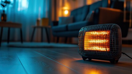 Warm and Cozy Atmosphere in Living Room with Portable Heater and Modern Sofa in Glow
