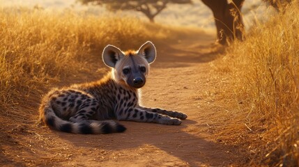 Obraz premium Playful Hyena Relaxing on a Dusty Pathway Surrounded by Golden Grass and Warm Sunset Glow in a Serene African Landscape
