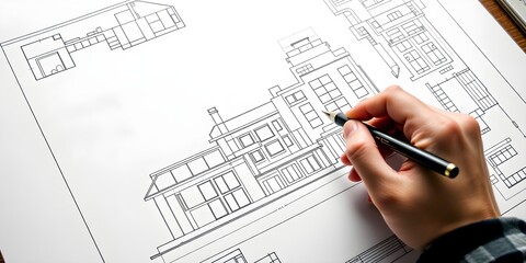 architect working on project. An architect's hand meticulously draws a building plan with a pen, capturing the essence of architectural planning and design, emphasizing precision and creativity