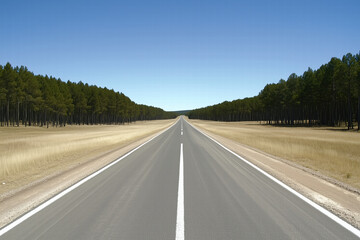 Fototapeta premium Wide open road surrounded by trees and grassland under clear sky Generative Ai