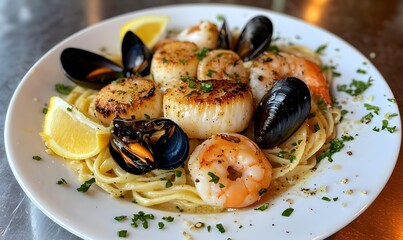 Seafood Platter with Garlic Butter Sauce over Pasta, Generative AI