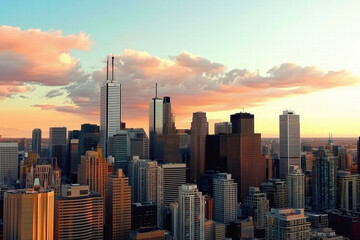 Fototapeta premium Stunning city skyline at sunset with colorful clouds and buildings Generative Ai