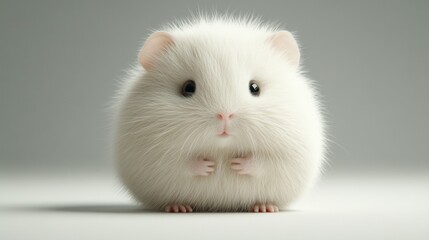A fluffy white hamster with a cute expression, sitting on a light surface.