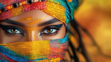 Vibrant Egyptian Topmodel with Artistic Makeup Blending Traditional and Modern Fashion Elements