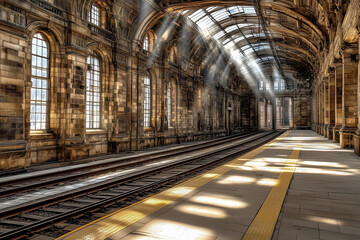 Obraz premium beautiful train station interior with sunlight streaming in Generative Ai