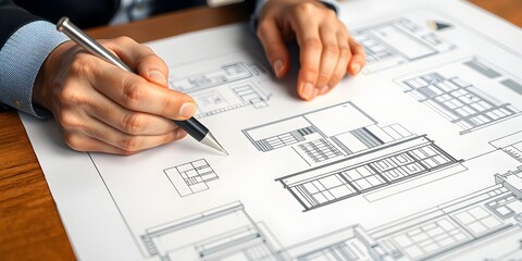 architect working on project. An architect's hand meticulously draws a building plan with a pen, capturing the essence of architectural planning and design, emphasizing precision and creativity